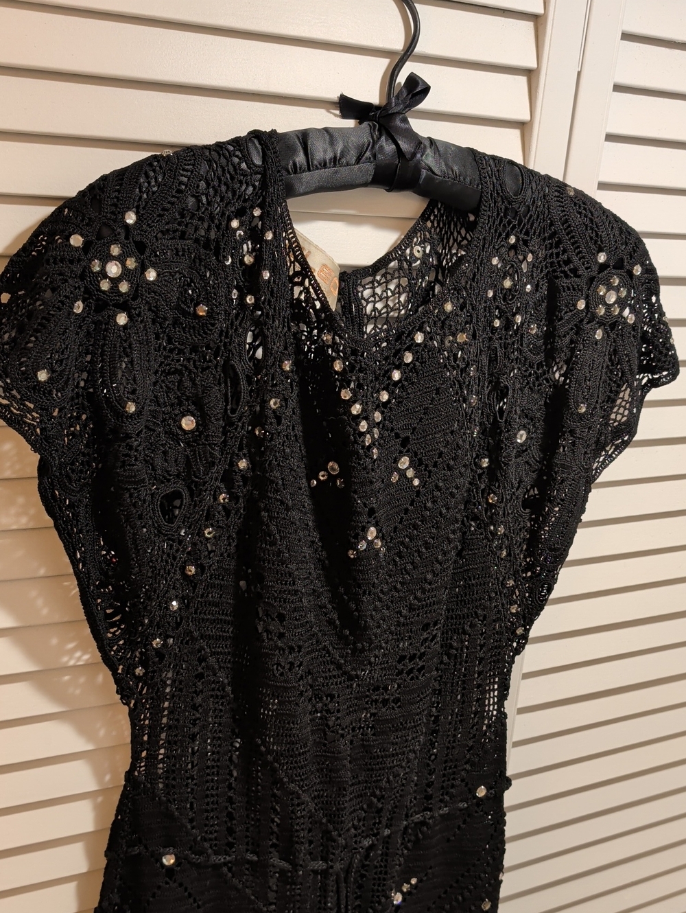 Vintage Black Crochet Sequin Women’s Cotton Dress SZ S